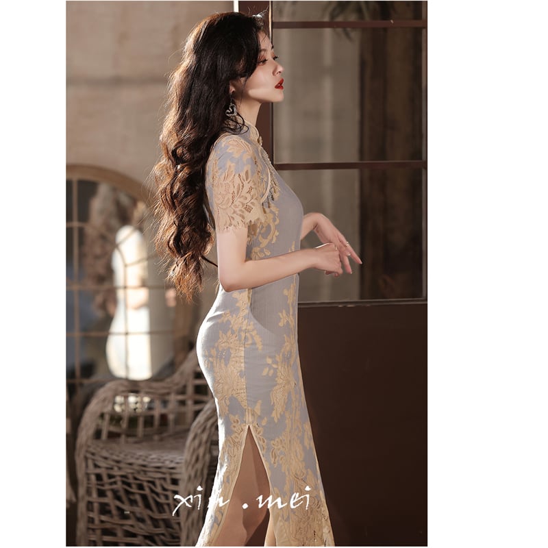 [XIUMEI Series]★China Dress★ Lace Dress, Short Sleeve, Long Length, Chinese Clothes, Short Sleeve, Sexy, Party, Wedding