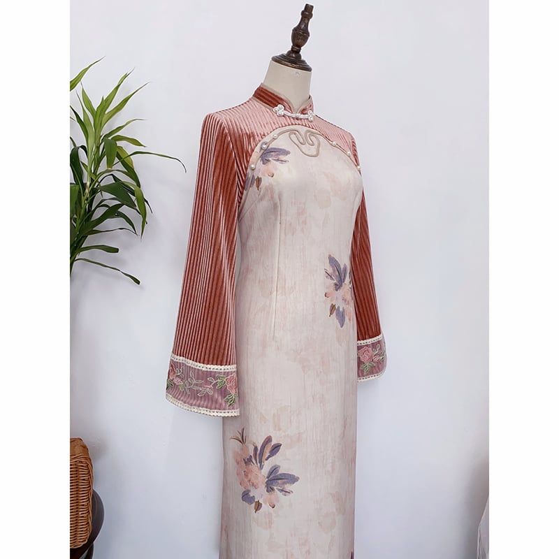 [Features---Flower language series] ★Cheongsam dress★ 2color dress Improves temperament Changeable floral pattern Green Pink