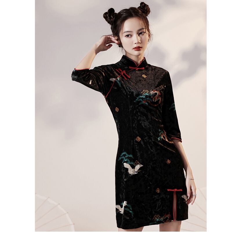 [YUEQIAO Series]★Cheongsam dress★Short length crane velvet Chinese style dress slimming