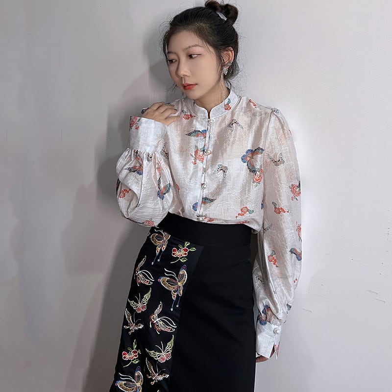 [Big Fish Series]★China Style Shirt★ Tops Butterfly Women's Long Sleeve Shirt Floral Pattern Shirt Large Size