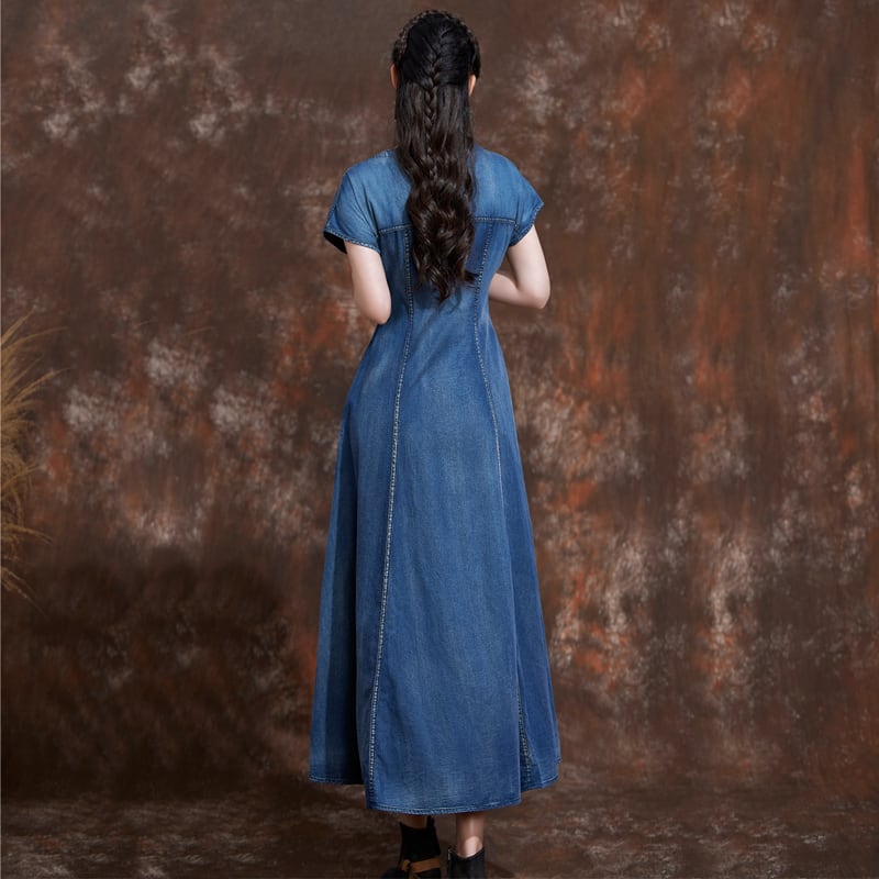 [KAWAYI Series]★Chinese style dress★ Embroidery Ethnic style V-neck Chinese clothing Tang suit Retro Blue Blue ML XL 2XL