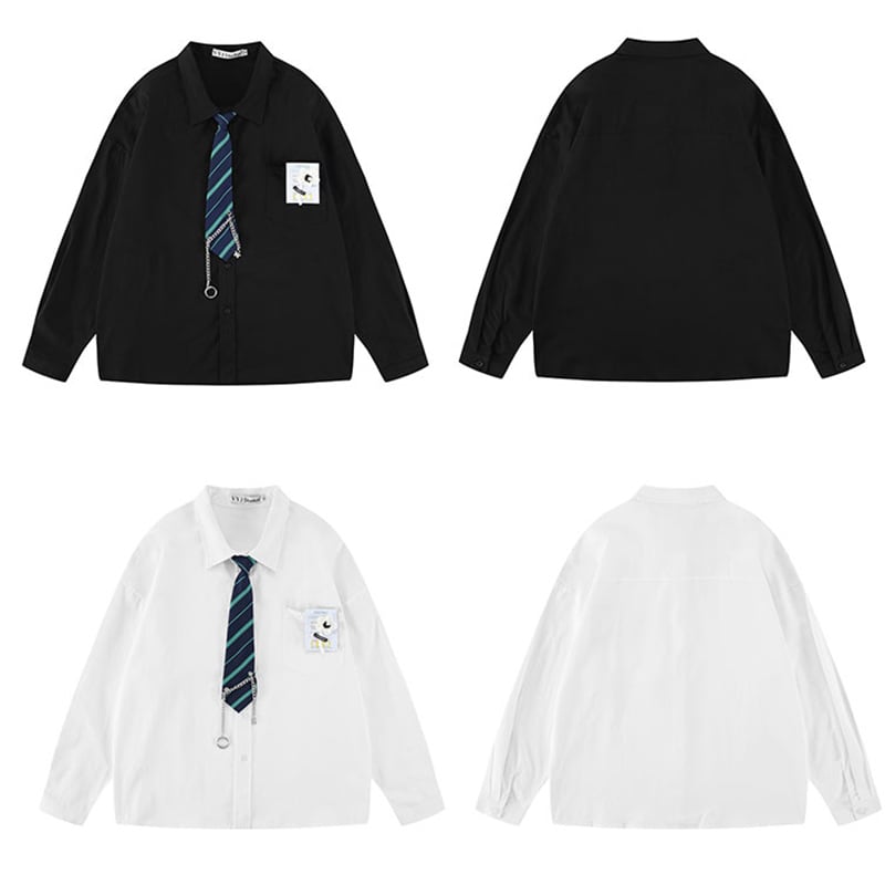 [MOISHE TIDE Series]★Shirt with tie★ 2color tops, long sleeve shirt, easy to match, unisex, men's, white, black