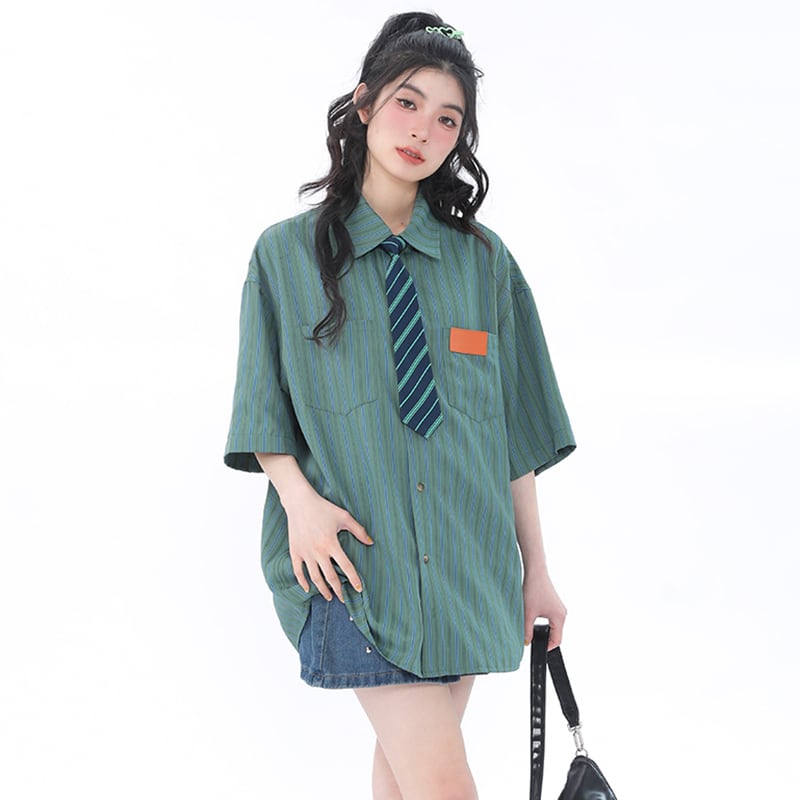 [Escaped Earth Series]★Shirt with tie★ 3color tops, short sleeve shirt, unisex, men's, vertical stripes, striped pattern, loose fit