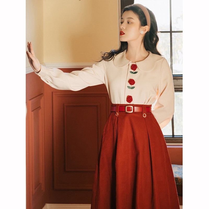 [Tatsuze Chenis Series]★Setup★ 2-piece set Shirt + Skirt Designed Retro Red SML