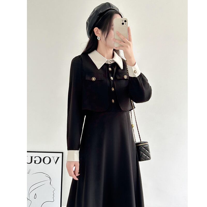 [LANXIAOMU Series] ★One Piece★ Switching Temperament Enhancement Long Sleeve Dress Long Sleeve Faux Layered Black