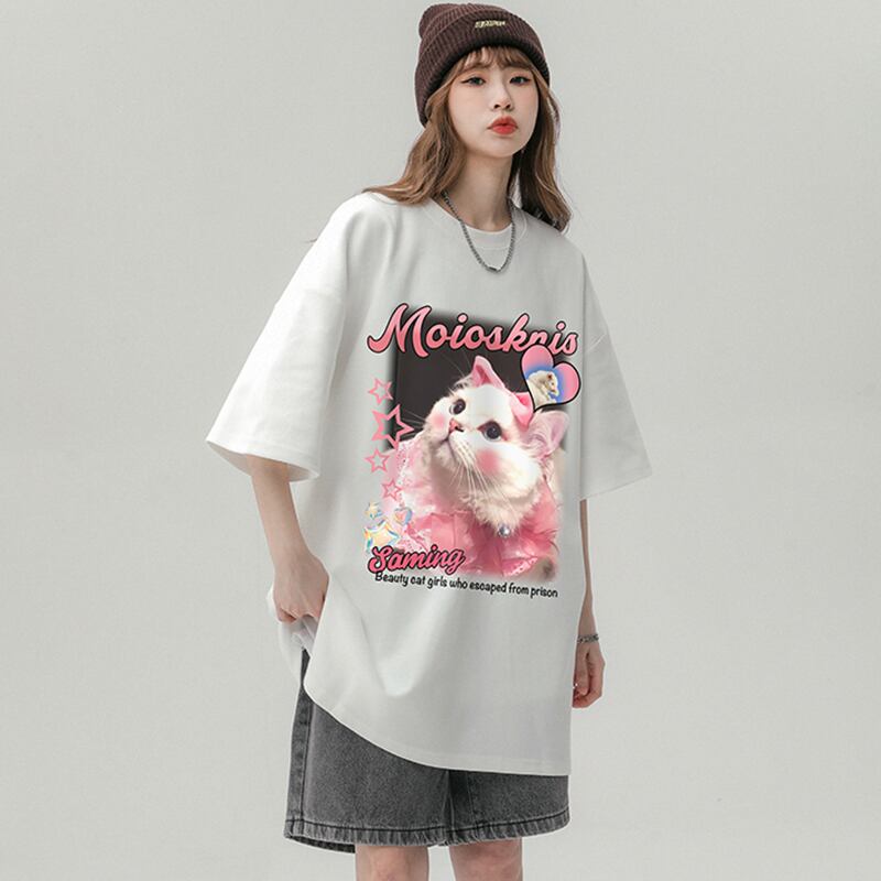 【SENSUシリーズ】★Tシャツ★ 3color トップス 男女兼用 メンズ 夏服 半袖Tシャツ 猫 ベージュ ホワイト ブラック