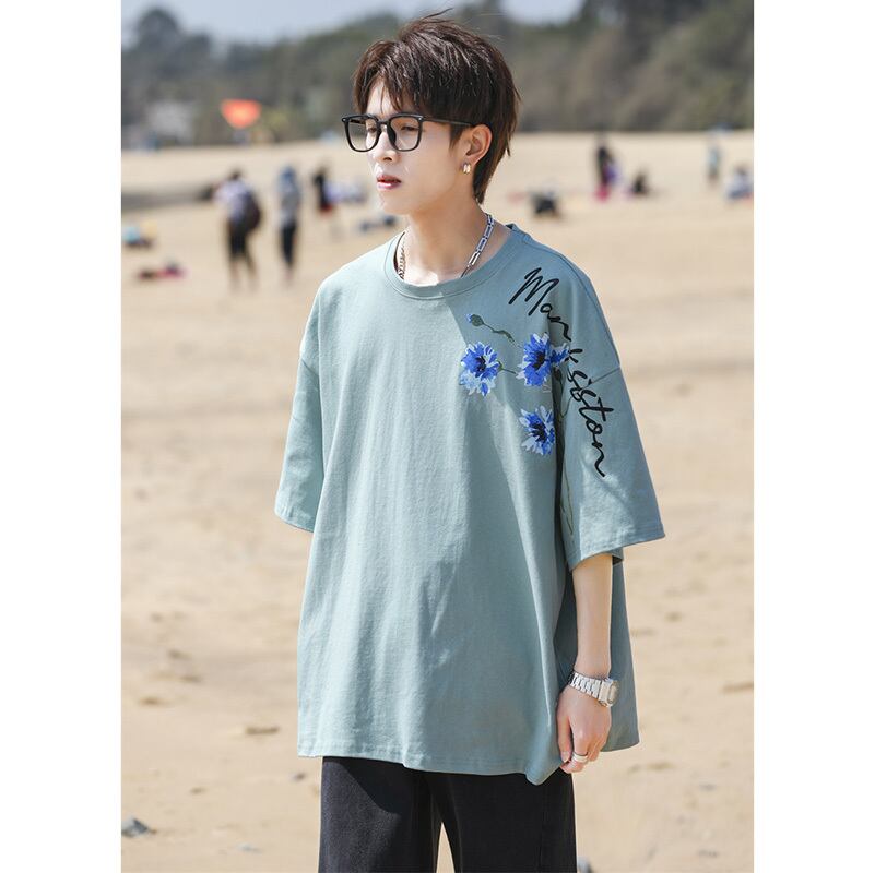 [MANYSTON Series]★T-shirt★ Tops 3color Unisex Men's Short Sleeve Floral Pattern Blue White Black Casual