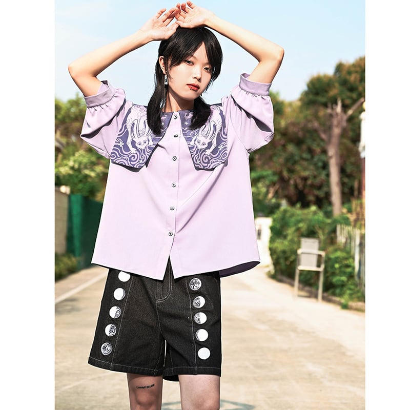 [Old Monster --- Rabbit Series] ★China style shirt★ 2color tops 3/4 sleeve tops black purple