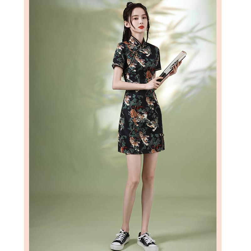 [YUEQIAO Series]★Cheongsam dress★Short length velvet Chinese style dress print retro