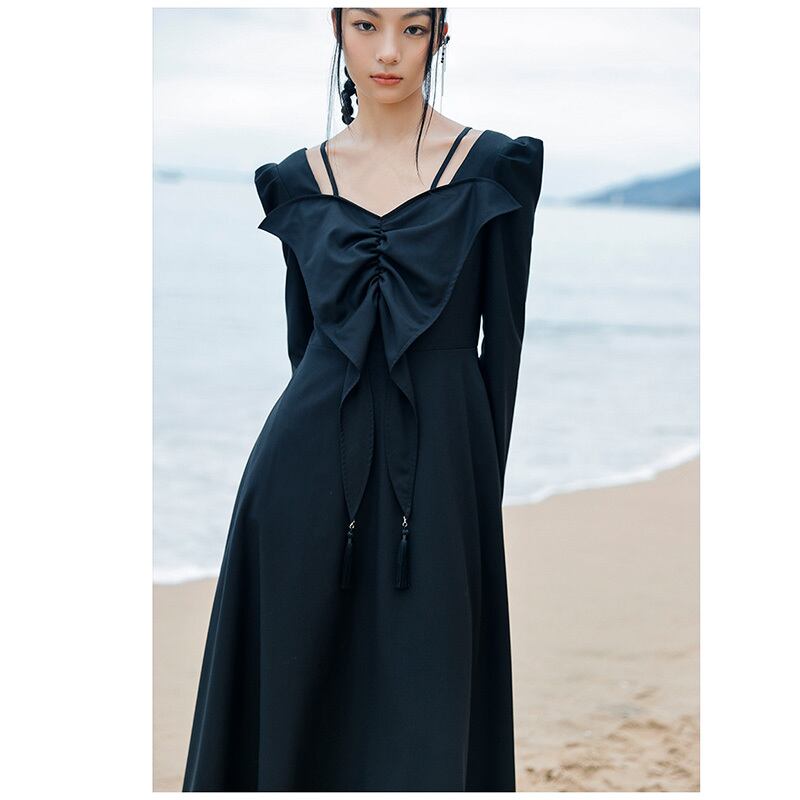 [Big Blue Dragon Series] ★China style dress★ Ribbon dress sexy black long length cute