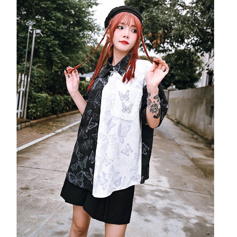 [Ancient monster house --- Butterfly series]★China style shirt★ Tops short sleeve shirt black black butterfly print color scheme