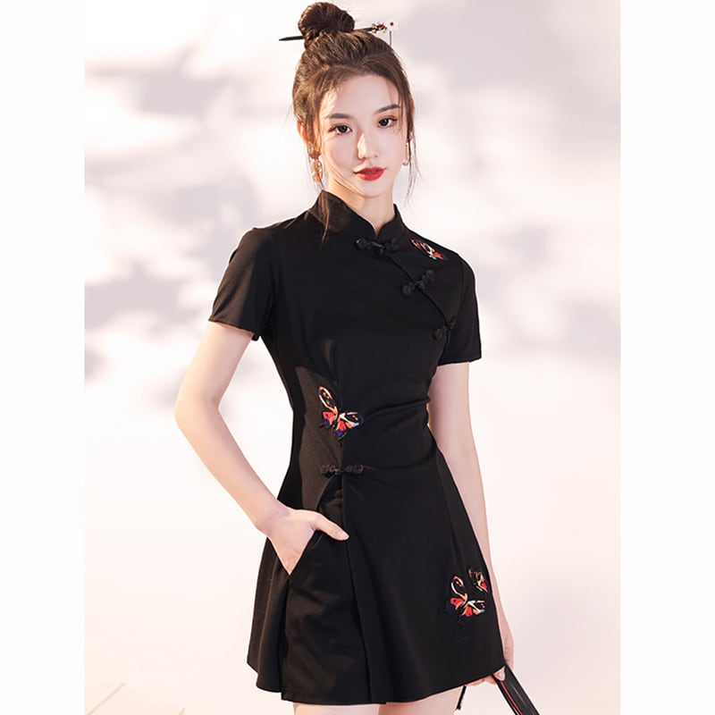 [Taibi Shiba Series]★China style setup★Cheongsam dress + shorts 2-piece set Butterfly Black Black