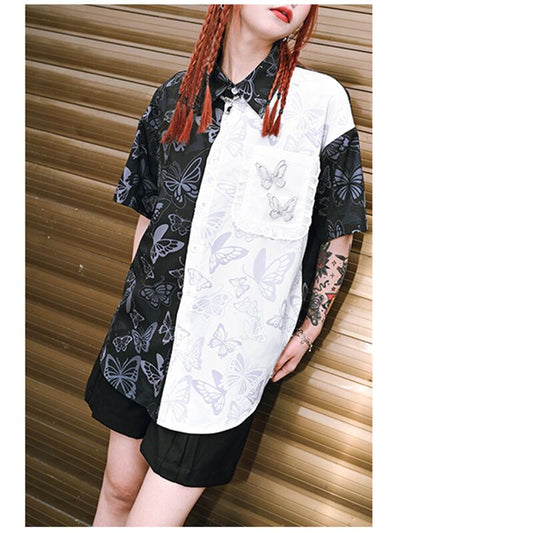 [Ancient monster house --- Butterfly series]★China style shirt★ Tops short sleeve shirt black black butterfly print color scheme