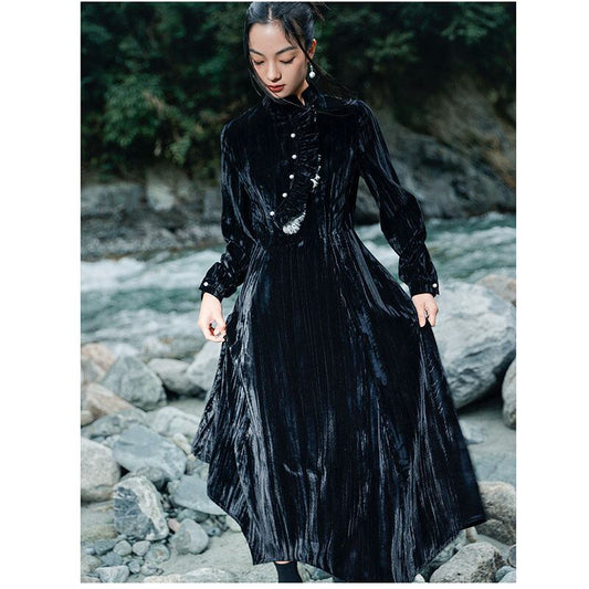 [Da Qinglong Shu Series] ★China style dress★ Improved cheongsam dress velvet long length black black improves temperament