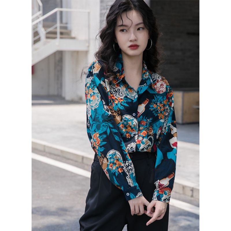 [YOUZI Series]★Shirt★ Tops, oil painting style, floral pattern, loose, retro, commuting, dating, ladies, unique, cute