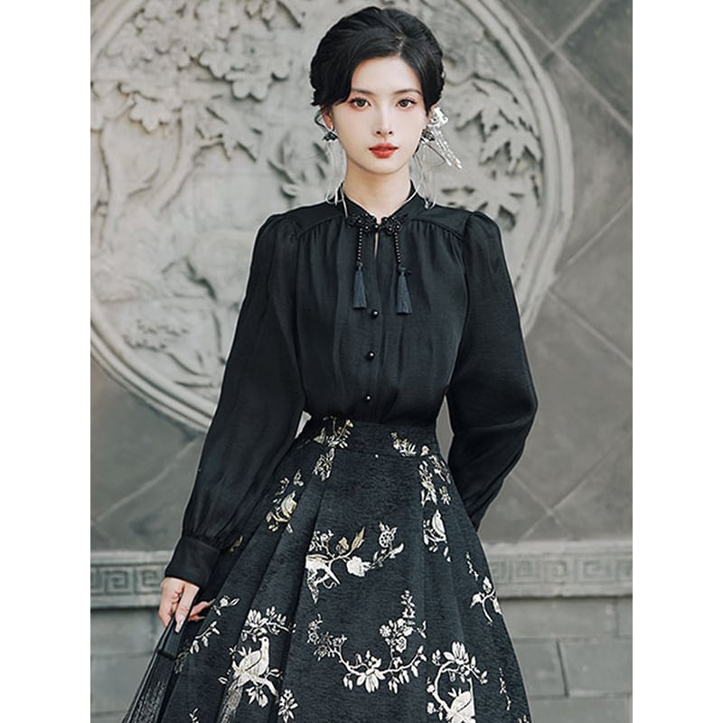 [BAIRIMENG Series]★China Style Skirt★Bottoms Floral Skirt Women's Temperament Enhancement Black Black