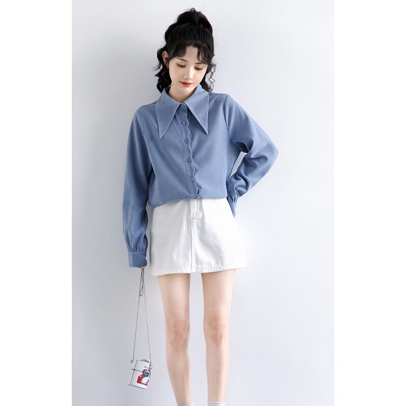 [WEIWU Series]★Shirt★ Tops Ladies Simple Commuting Easy to Match Blue Blue Standard Cute