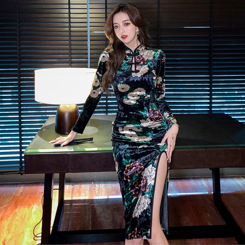 [Kakuya Series] ★China style dress★ Improved cheongsam dress velvet floral pattern sexy SML