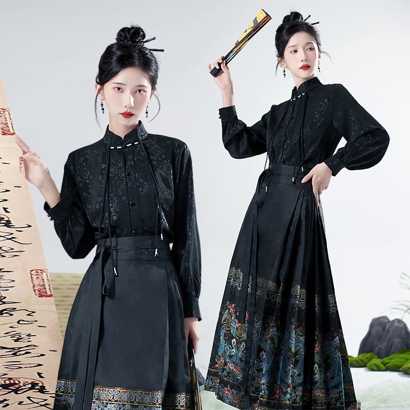 [Lou series]★China style skirt★Maki skirt bottoms Hanfu skirt black black long length