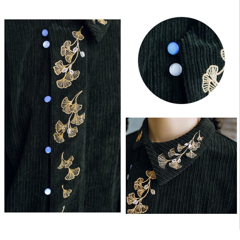 [Kokaisha --- Leaf Series] ★Chinese style tops★ Embroidery Hanfu tops Corduroy Thick Autumn/Winter Clothes Retro Black