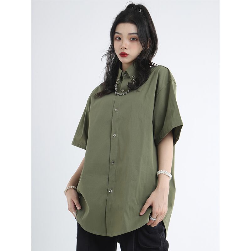 [Istudios Series]★Shirt with chain★ 2color tops long sleeve shirt short sleeve shirt unisex men's black green