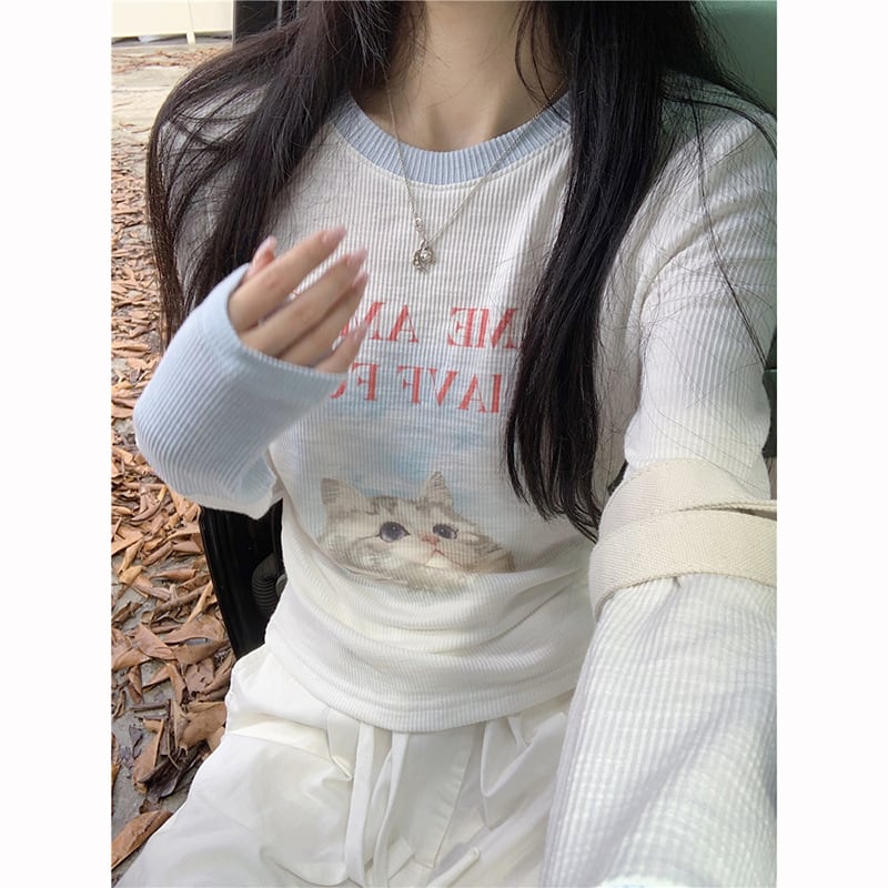 [MEIMEI Series] ★Tops★ T-shirt, long sleeve, cute, stylish, short length, cat, cat, cat