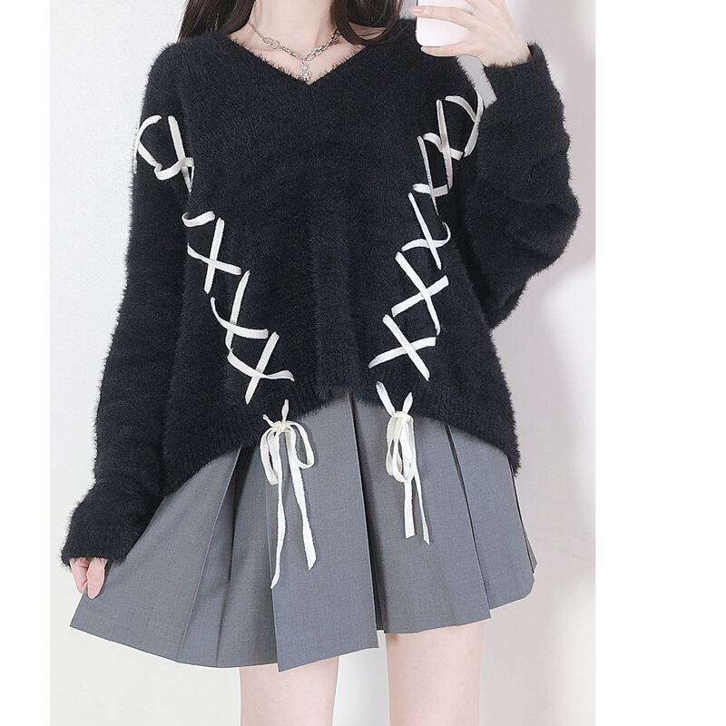 [Nekogan Series]★Sweater★ 2color Black or Gray Tops V-neck Fluffy Loose Black Date Cute