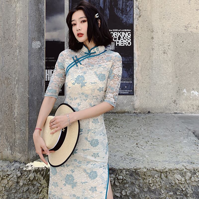 [Aishoyu Series] ★Cheongsam dress★ Sexy dress lace cheongsam large size openwork year-end party