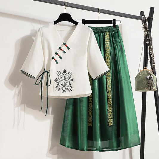 [Chinese Prince Series] ★Chinese style setup★ Tops + Skirt Cute 2-piece set Green Green Retro