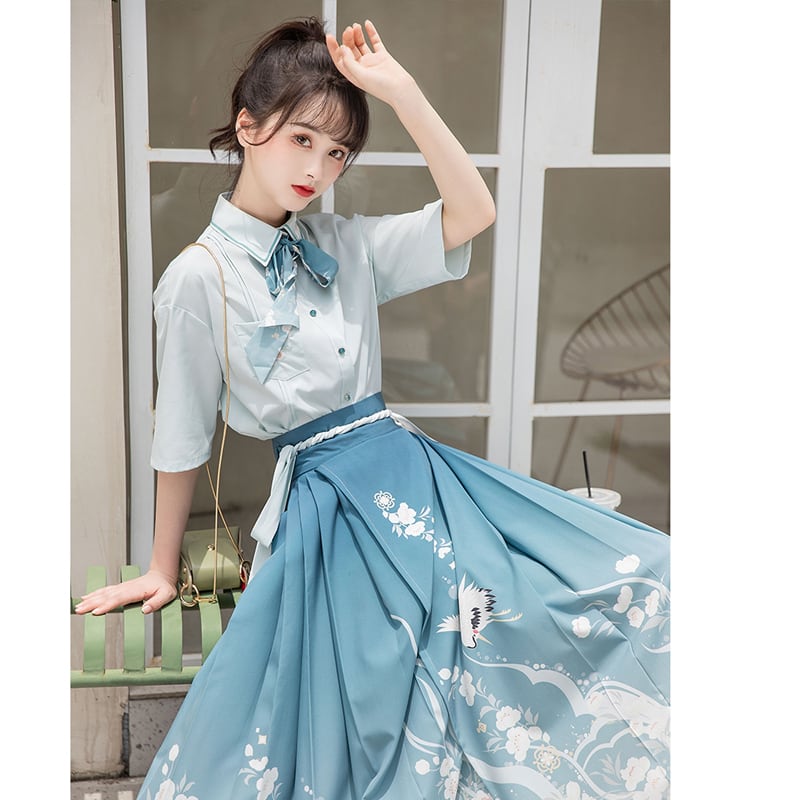 [Ikeka Series] ★Chinese-style setup★ Shirt + wrap skirt + ribbon Improved Hanfu Crane Blue Everyday Date Fireworks Festival