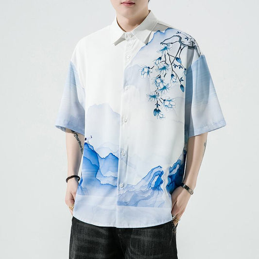 [MOWENZHAI Series]★Chinese style shirt★ Tops, unisex, men's print, large size, summer clothes, Chinese clothes