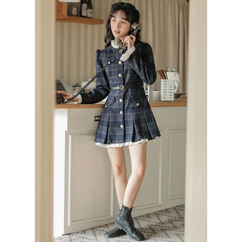 [MEIYI Series] ★One Piece★ Women's Short Length Plaid Pattern Commuting Date Office Lady Navy Improves Temperament