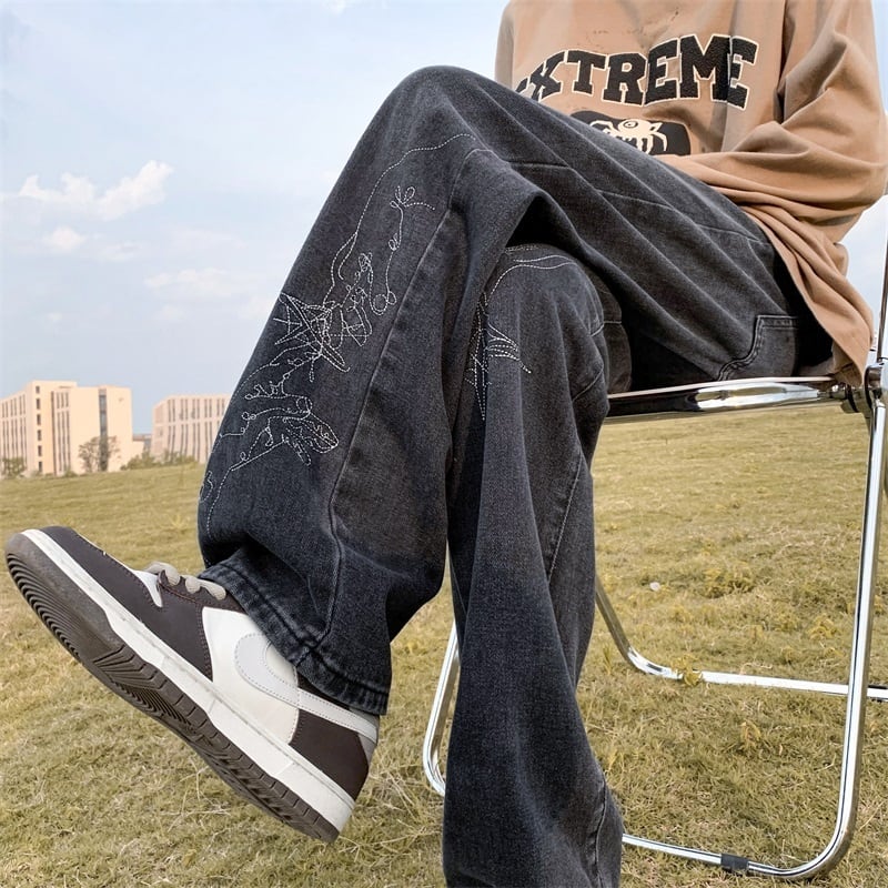 [NANSHI Series]★Denim pants★ 2color embroidery bottoms pants unisex men's blue black