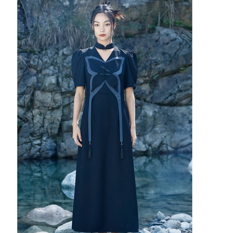 [Big Blue Dragon Series] ★China style dress★ Original butterfly unique design black black long length