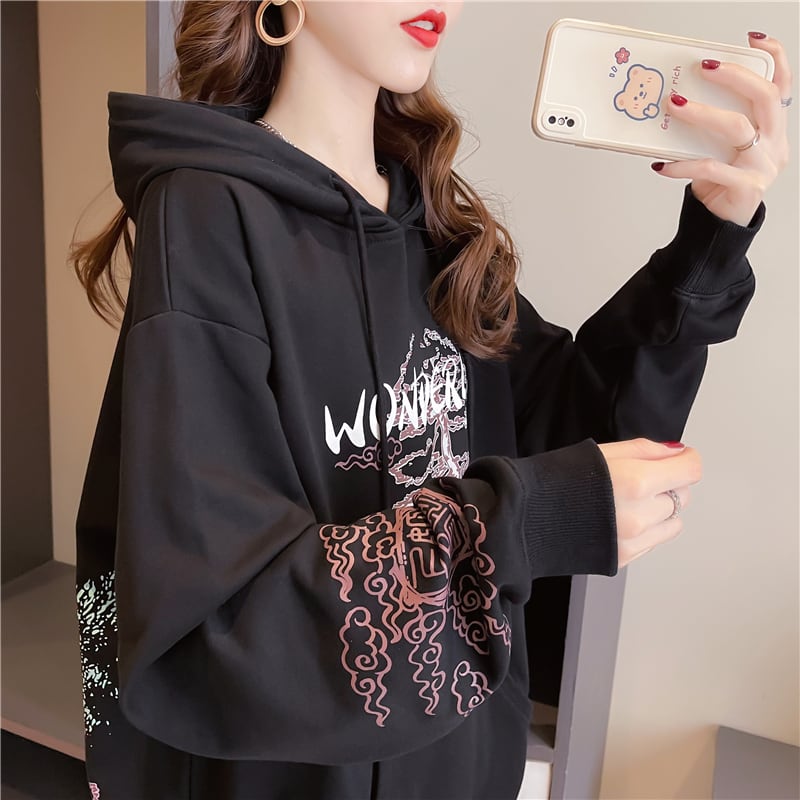 [YIDIEQIAN series]★China style hoodie★ Tops 2color black white print casual