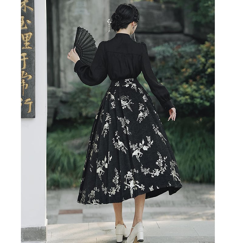 [BAIRIMENG Series]★China Style Skirt★Bottoms Floral Skirt Women's Temperament Enhancement Black Black