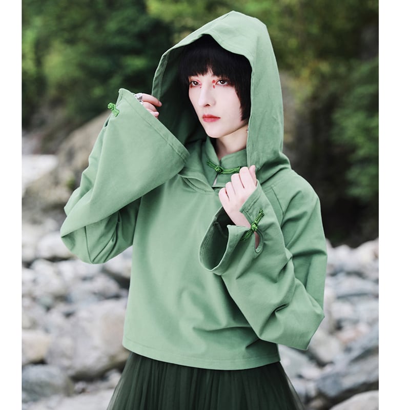 [Daiseiryusu Series]★China style hoodie★ Tops 2 colors, short length, Chinese buttons, hooded, green black