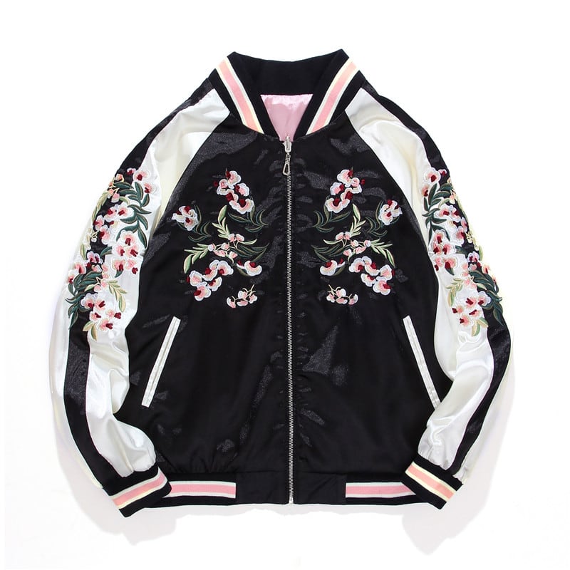 Flower embroidered stadium jacket, double-sided clothing, Chinese style clothing, unisex, couple clothing, pink + black