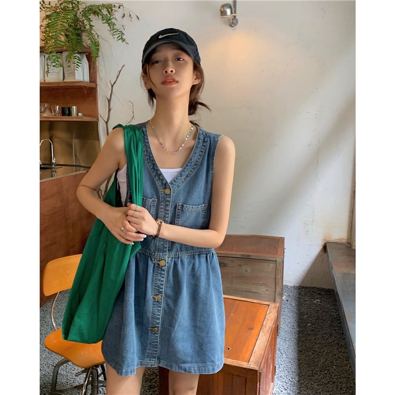 [XIAOXIN Series]★Dress★Sleeveless Women's Fashion V-neck Short Length Denim