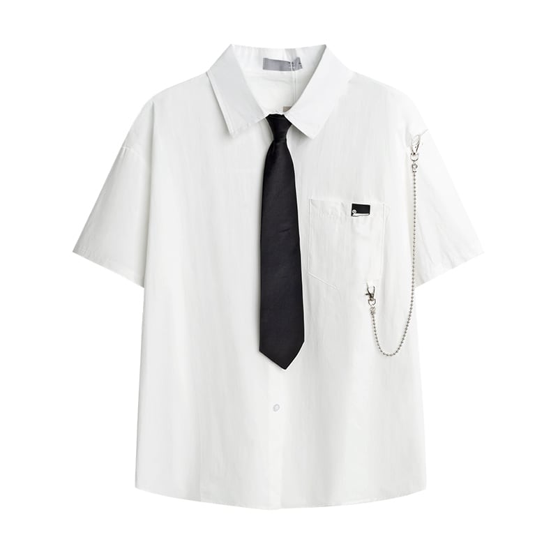 [Seiyasu Series] ★Shirt with tie★ 4 colors Black or white or blue or gray Short sleeves with chain Unisex costume Men's