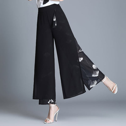 [Aooka Series]★Gaucho Pants★ Chiffon Women's Fashion Slit Easy to Match Black Black