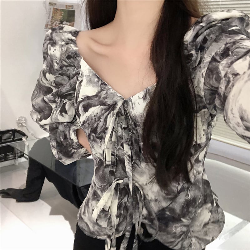 [YIPINXIAN Series]★Tops★ Floral Tops Blouse Short Length Cute Sexy V Neck