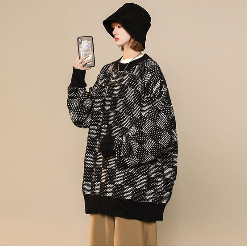 [Ushiomiomi Series] ★Sweater★ 3color Knit Tops Unisex Men's Plaid Pattern Gray Green Black