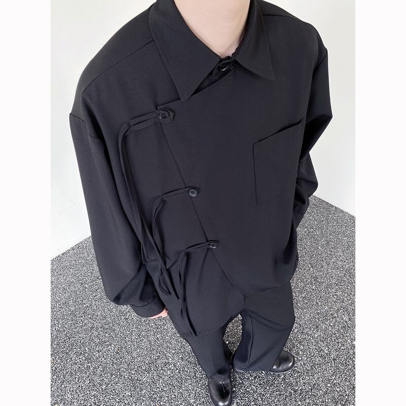 [Illustrated Series]★China Style Shirt★ Tops Unisex Men's Long Sleeve Shirt Black Black Retro Casual