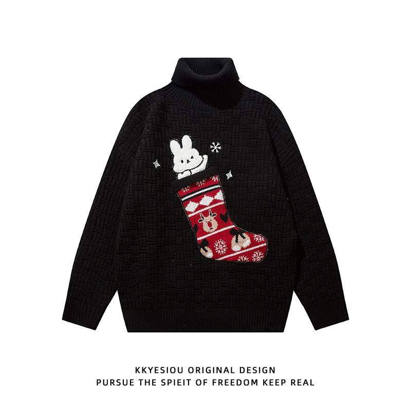 [KKYESIOU Series]★Sweater★ 3color Tops High Neck Christmas New Year Rabbit Unisex Men's Red Green Black