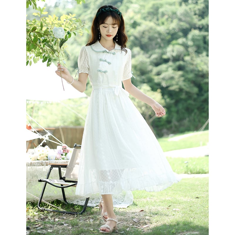 [White Sake Series] ★Chinese style dress★ Retro color scheme Chinese button white White temperament improvement date