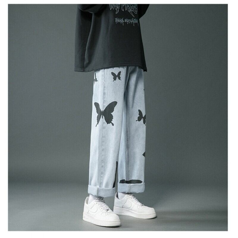 [Snow Qiongsi Series]★Denim Pants★ 2color Bottoms Pants Unisex Men's Butterfly Print Unique Black Blue