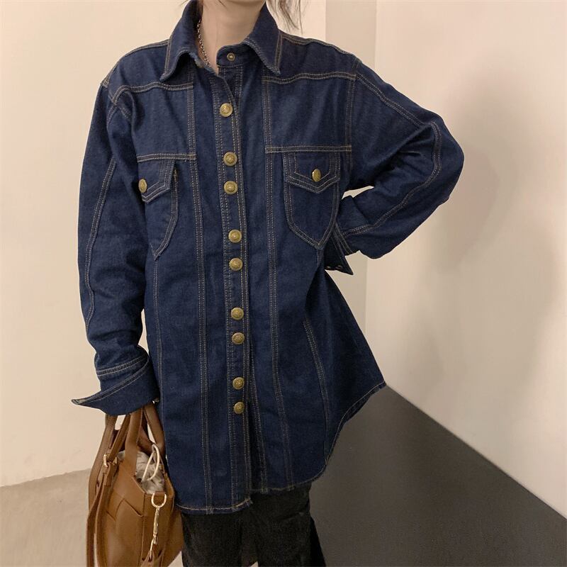 [KEKE Series]★Shirt★ 2color Tops Denim Shirt Stylish Spring Clothes Easy to Match ML Blue Blue