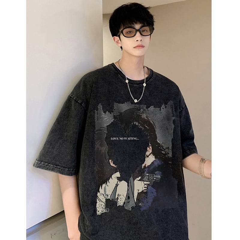 【Lettheheartシリーズ】★トップス★ Tシャツ 男女兼用 メンズ 大きいサイズ レトロ 個性的 黒灰色 合わせやすい