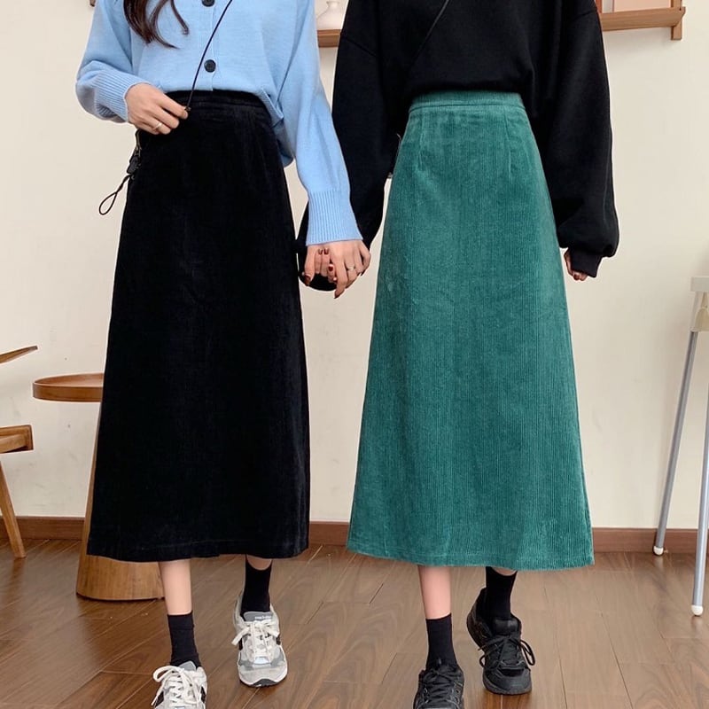 [Left Little Sister Arrival Series] ★Long length skirt★All 4 colors corduroy fabric Plain A-line Beautiful line High waist